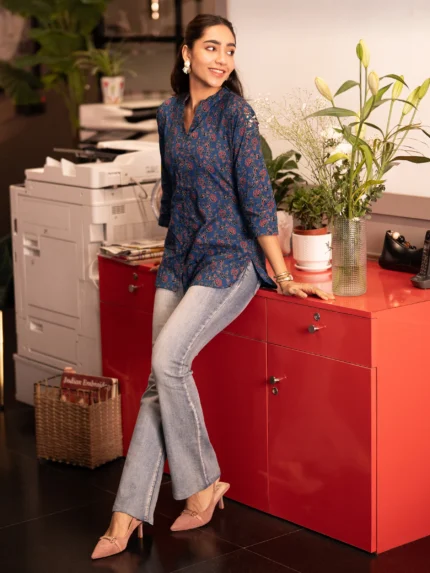 Blue Printed Cotton Straight Short Kurti
