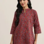 Maroon Printed Cotton Straight Short Kurti