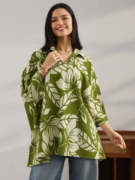 Green Printed Cotton Straight Short Kurti
