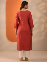 Rust Embroidered Silk Blend Straight Kurta - Image 3