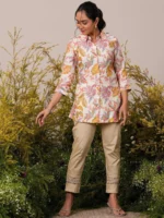 Cream Printed Silk Blend A-Line Kurti - Image 2