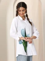 White Cotton Blend Straight Short Kurti - Image 2